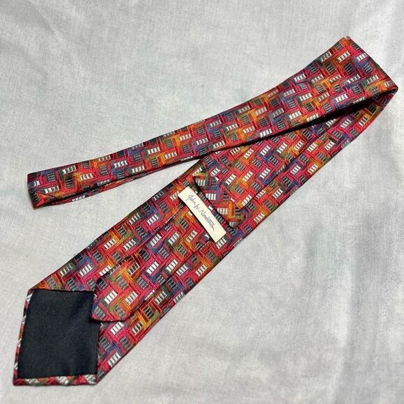 NWOT JOHN W NORDSTROM ITALIAN 100% SILK RED RAINBOW GEOMETRIC DESIGN TIE W TEXTU - Picture 2 of 4